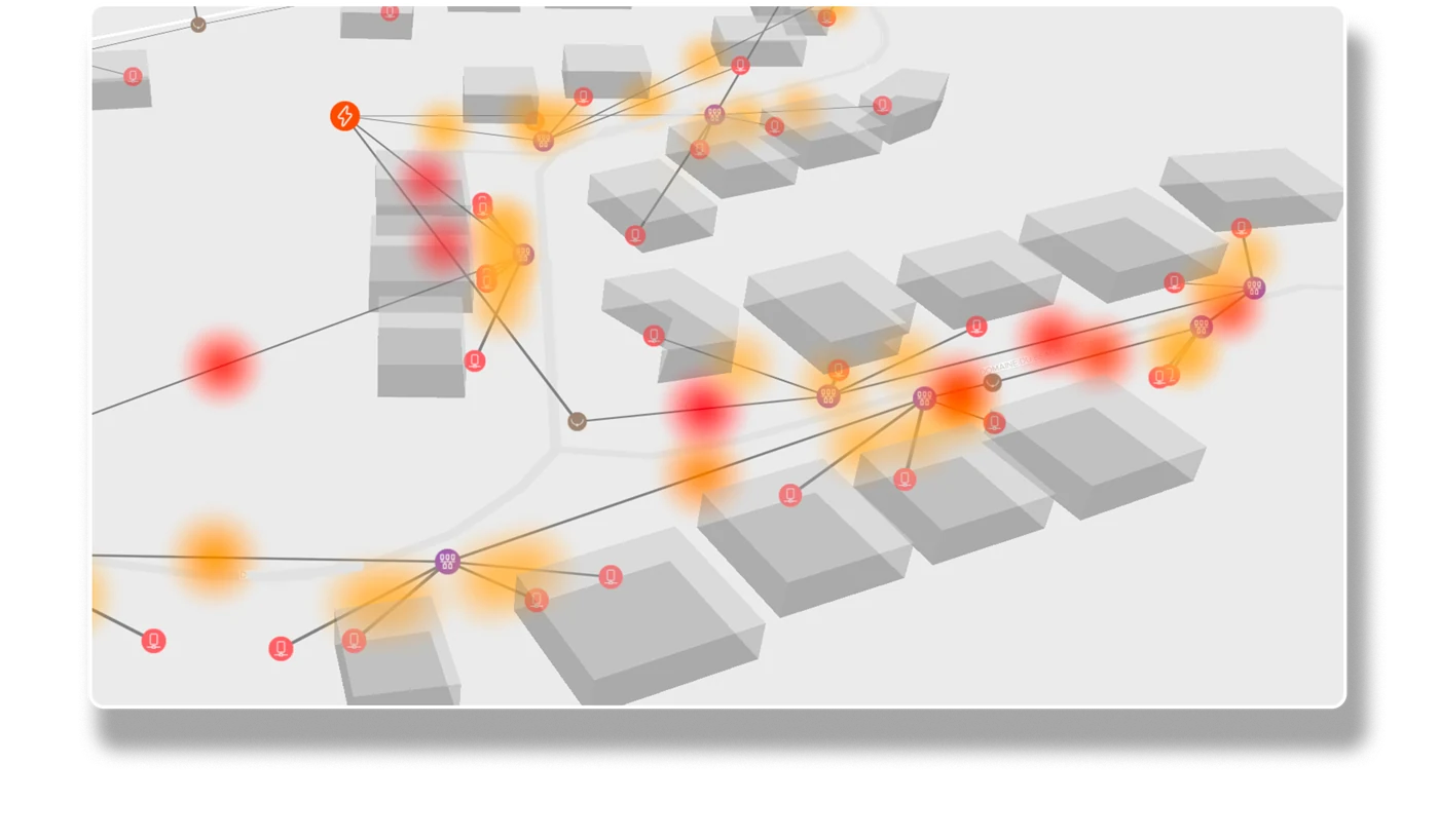 KOPR digital twin of an electricity grid, with load shown as heat across the network