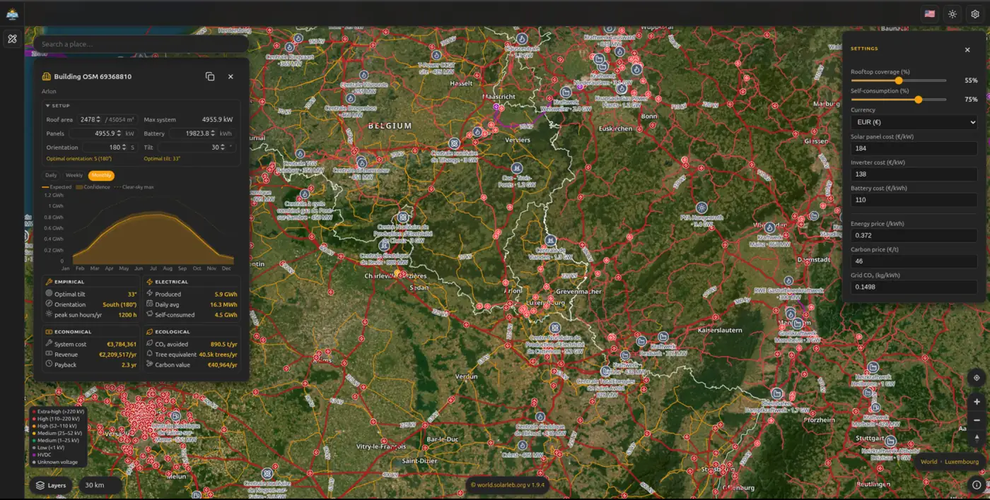 Solar World: a satellite map with live rooftop solar-potential overlay